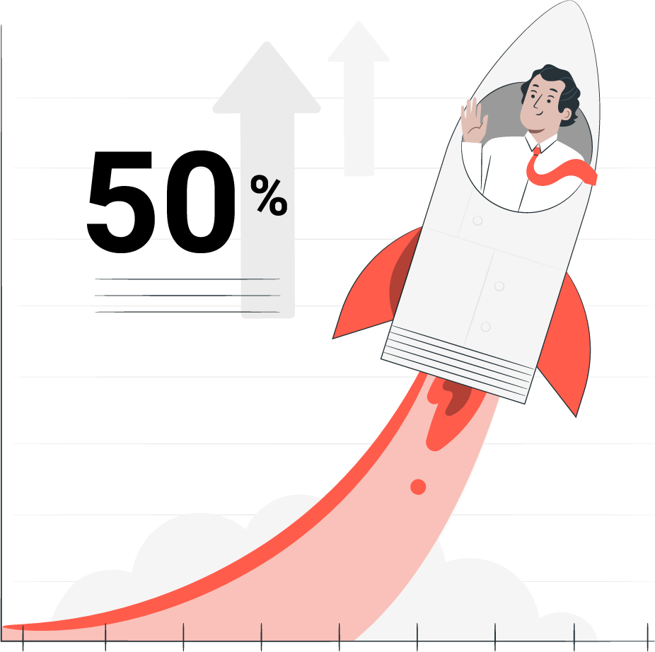 Empresario despegando en un cohete de una gráfica que representa el crecimiento gracias al diseño y desarrollo web